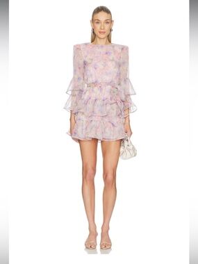 elliatt alindra pink floral print tiered ruffle chiffon mini dress size medium